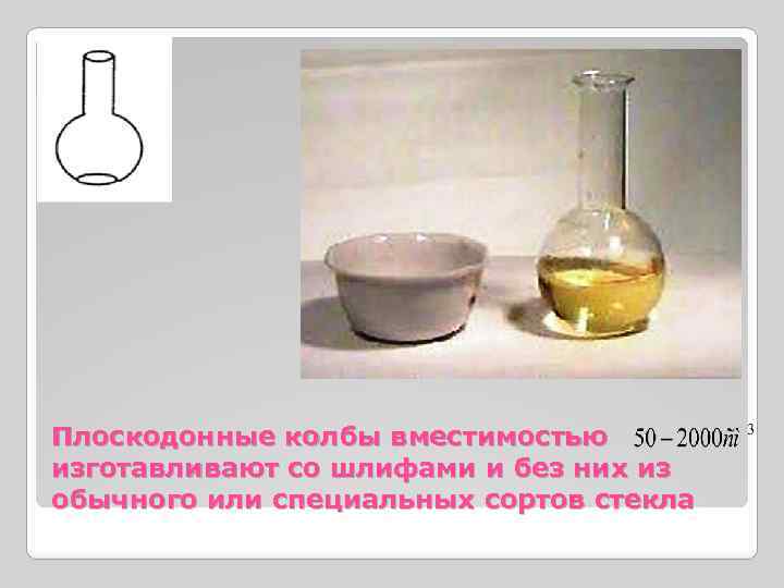Плоскодонные колбы вместимостью изготавливают со шлифами и без них из обычного или специальных сортов