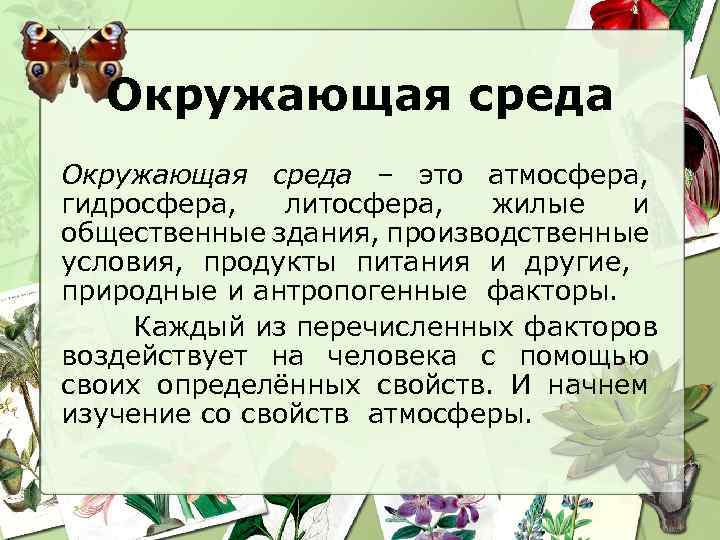 Окружающая среда – это атмосфера, гидросфера, литосфера, жилые и общественные здания, производственные условия, продукты