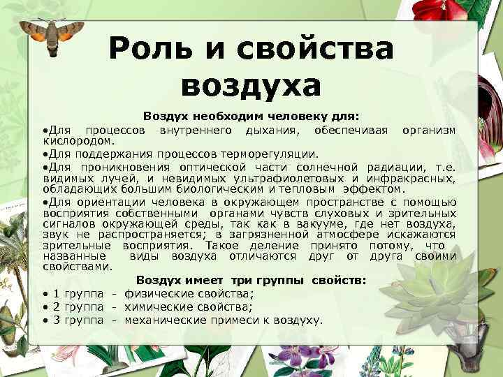 Роль и свойства воздуха Воздух необходим человеку для: • Для процессов внутреннего дыхания, обеспечивая