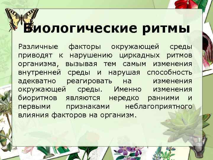 Биологические ритмы Различные факторы окружающей среды приводят к нарушению циркадных ритмов организма, вызывая тем