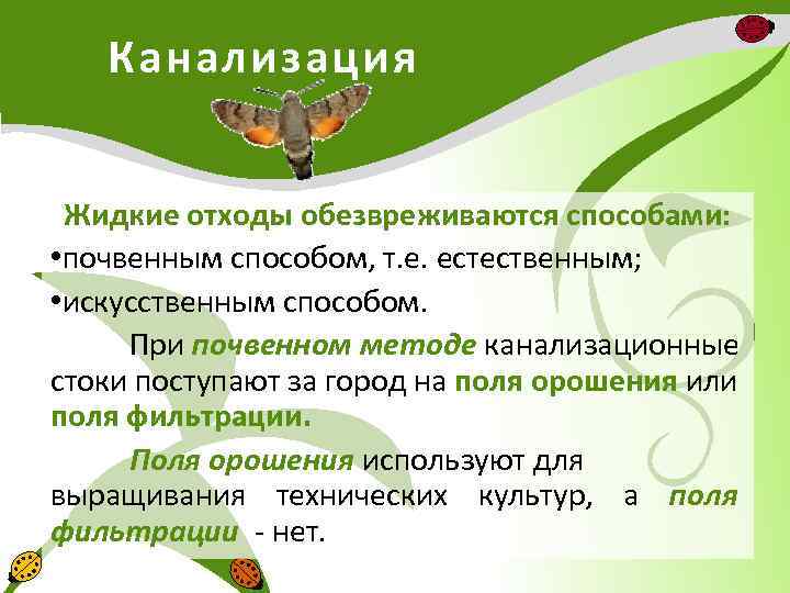 Канализация Жидкие отходы обезвреживаются способами: • почвенным способом, т. е. естественным; • искусственным способом.