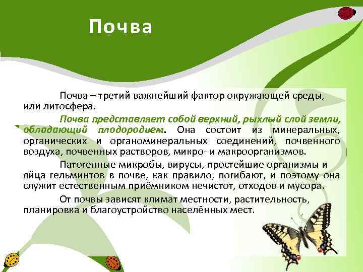 Почва – третий важнейший фактор окружающей среды, или литосфера. Почва представляет собой верхний, рыхлый