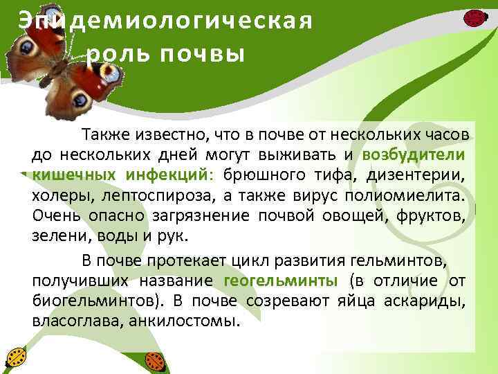 Эпидемиологическая роль почвы Также известно, что в почве от нескольких часов до нескольких дней