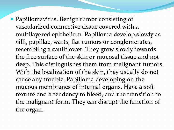  Papillomavirus. Benign tumor consisting of vascularized connective tissue covered with a multilayered epithelium.