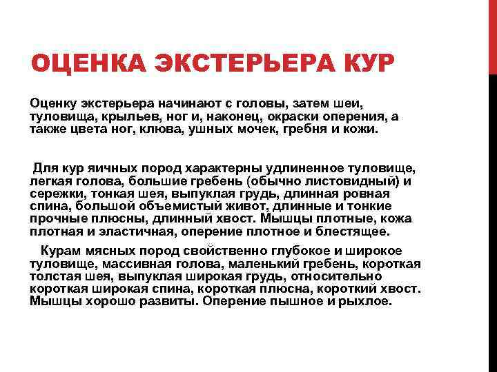 ОЦЕНКА ЭКСТЕРЬЕРА КУР Оценку экстерьера начинают с головы, затем шеи, туловища, крыльев, ног и,