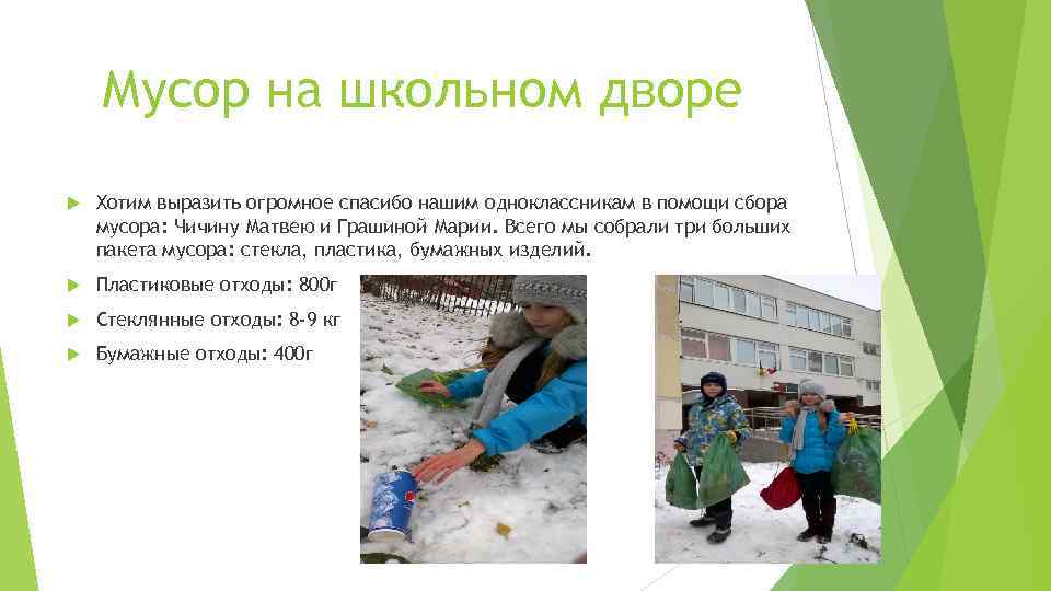 Мусор на школьном дворе Хотим выразить огромное спасибо нашим одноклассникам в помощи сбора мусора: