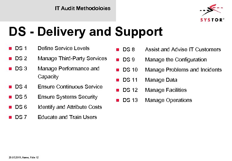 IT Audit Methodoloies DS - Delivery and Support n DS 1 Define Service Levels