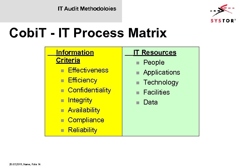 IT Audit Methodoloies Cobi. T - IT Process Matrix Information Criteria n Effectiveness n