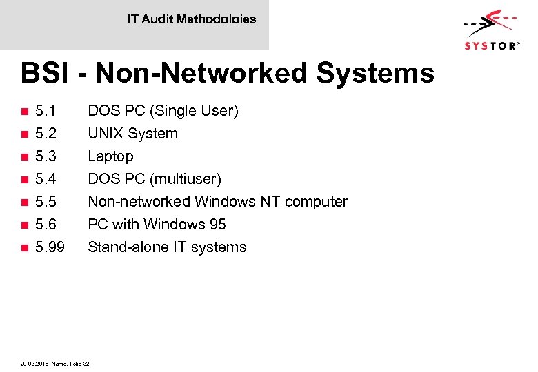 IT Audit Methodoloies BSI - Non-Networked Systems n n n n 5. 1 5.