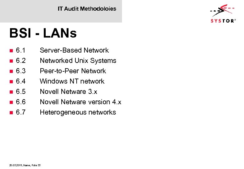 IT Audit Methodoloies BSI - LANs n n n n 6. 1 6. 2