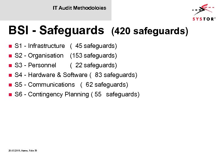 IT Audit Methodoloies BSI - Safeguards (420 safeguards) n S 1 - Infrastructure (