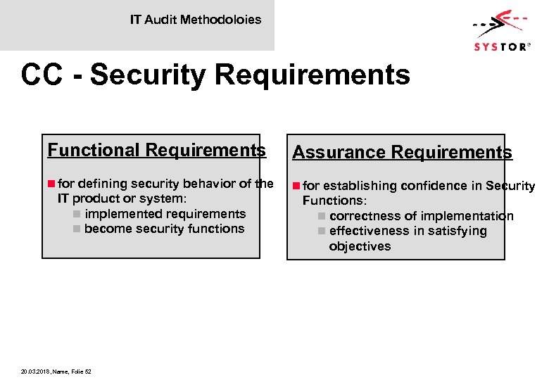 IT Audit Methodoloies CC - Security Requirements Functional Requirements Assurance Requirements n for defining