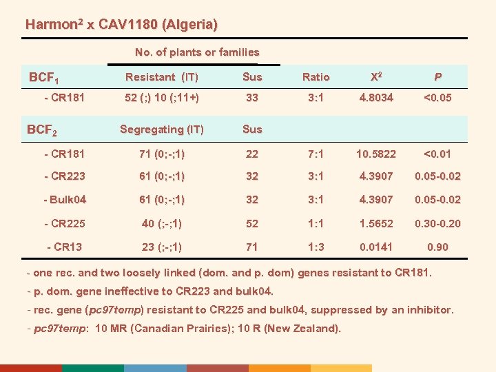 Harmon 2 x CAV 1180 (Algeria) No. of plants or families BCF 1 Resistant