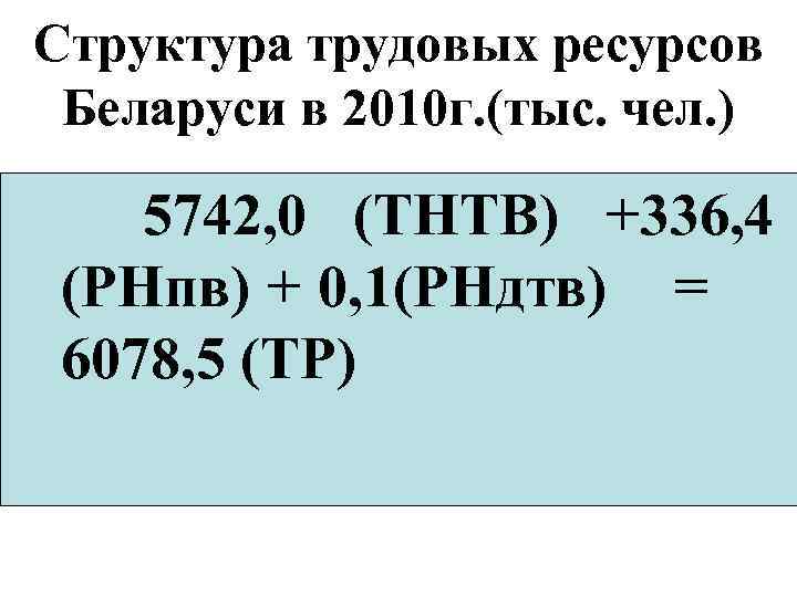 Структура трудовых ресурсов Беларуси в 2010 г. (тыс. чел. ) 5742, 0 (ТНТВ) +336,