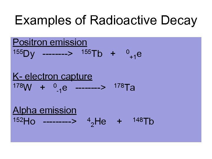 Examples of Radioactive Decay Positron emission 155 Dy ----> 155 Tb + 0 e
