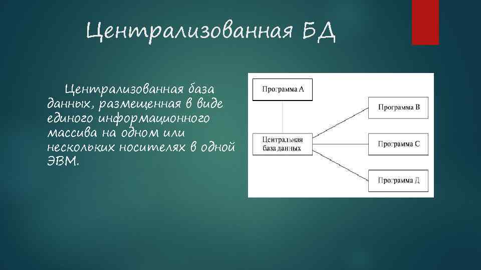 Централизованная БД Централизованная база данных, размещенная в виде единого информационного массива на одном или