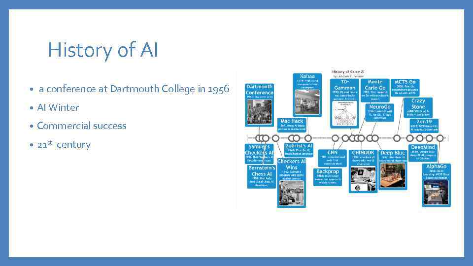 History of AI • a conference at Dartmouth College in 1956 • AI Winter