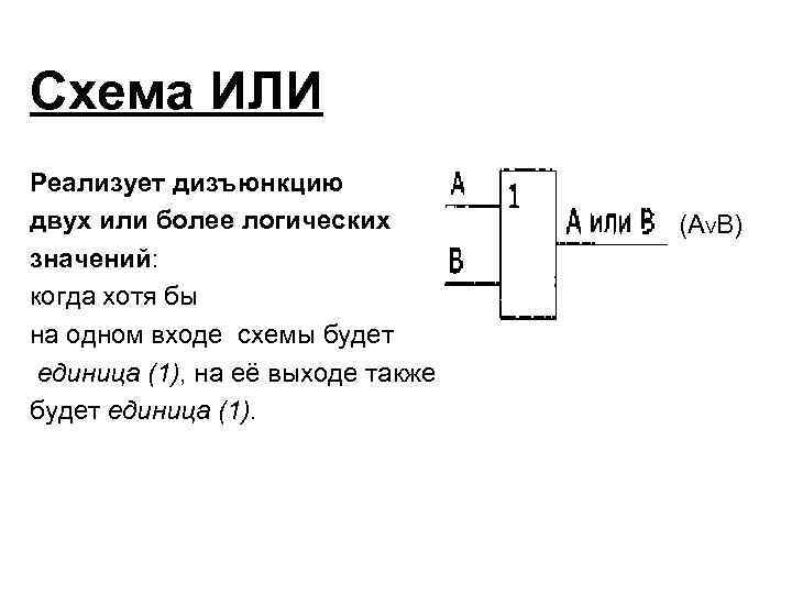 Схема ИЛИ Реализует дизъюнкцию двух или более логических значений: когда хотя бы на одном
