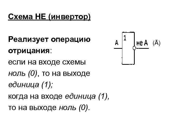 Схема НЕ (инвертор) Реализует операцию отрицания: если на входе схемы ноль (0), то на