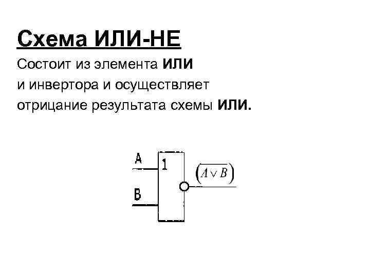 Схема ИЛИ-НЕ Состоит из элемента ИЛИ и инвертора и осуществляет отрицание результата схемы ИЛИ.