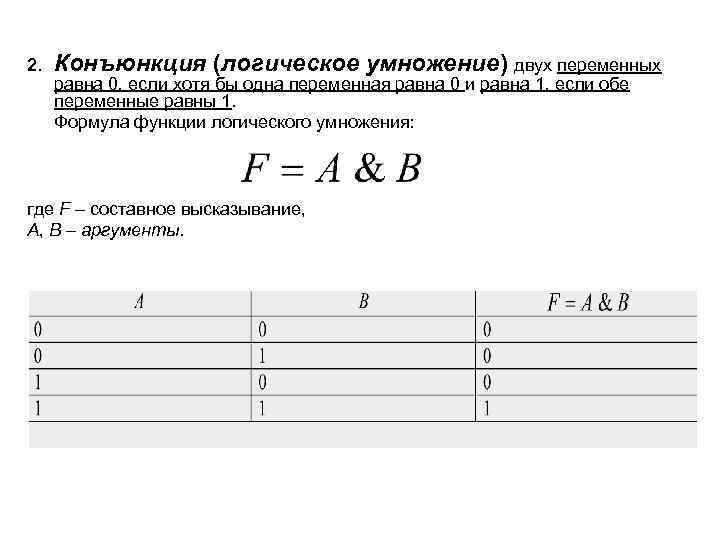 Основы математической логики 2. Конъюнкция (логическое умножение) двух переменных равна 0, если хотя бы