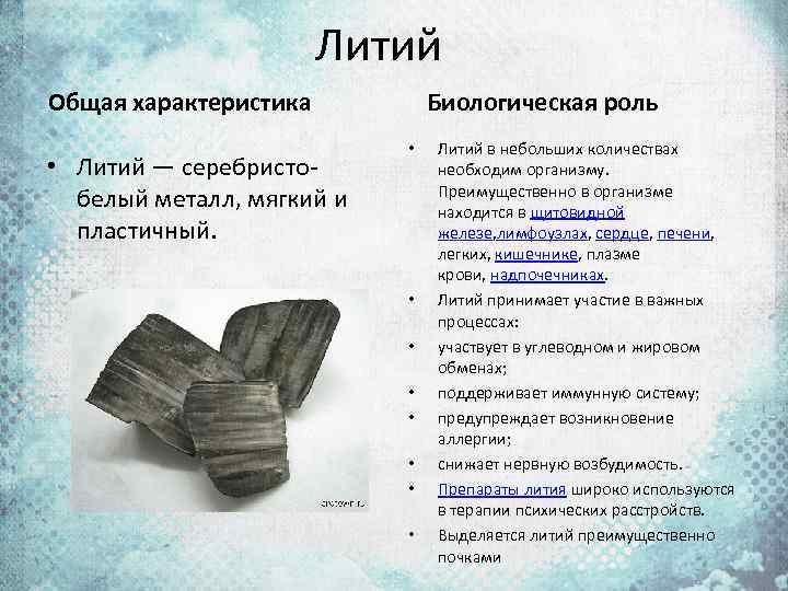 Литий Общая характеристика • Литий — серебристобелый металл, мягкий и пластичный. Биологическая роль •