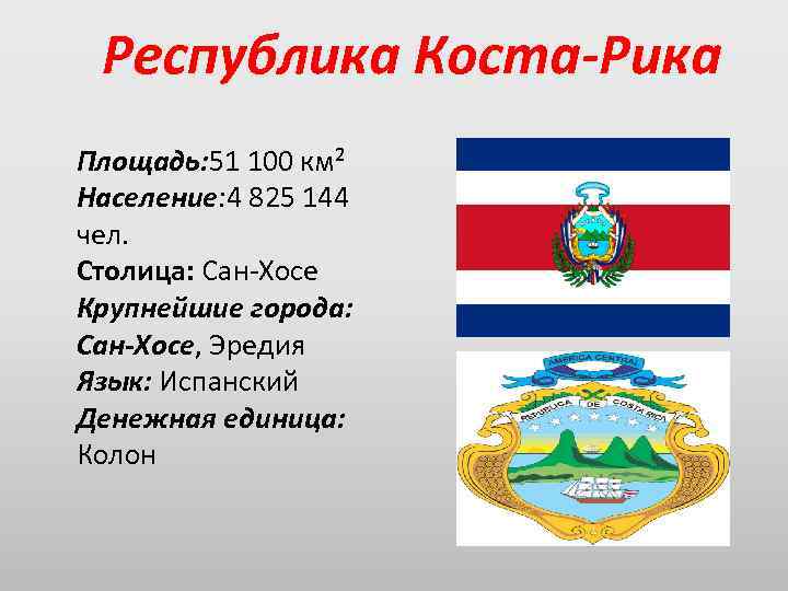 Республика Коста-Рика Площадь: 51 100 км² Население: 4 825 144 чел. Столица: Сан-Хосе Крупнейшие