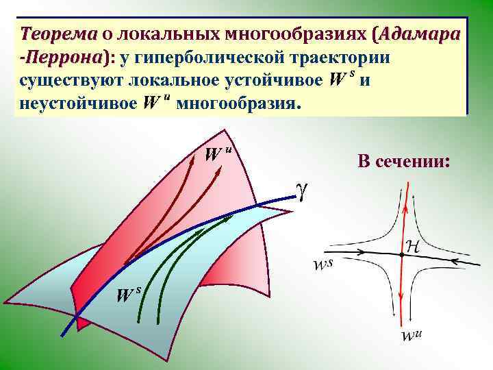 Теорема о локальных многообразиях (Адамара -Перрона): у гиперболической траектории -Перрона существуют локальное устойчивое W