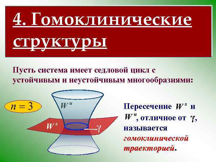 4. Гомоклинические структуры Пусть система имеет седловой цикл с устойчивым и неустойчивым многообразиями: Wu