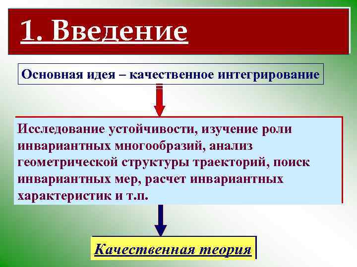1. Введение Основная идея – качественное интегрирование Исследование устойчивости, изучение роли инвариантных многообразий, анализ