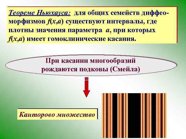 Теореме Ньюхауса: для общих семейств диффеоморфизмов f(x, a) существуют интервалы, где плотны значения параметра