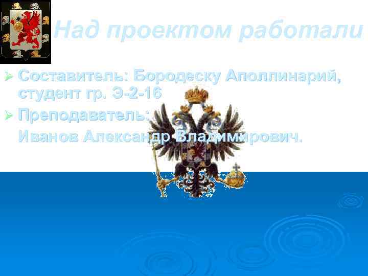 Над проектом работали Ø Составитель: Бородеску Аполлинарий, студент гр. Э-2 -16 Ø Преподаватель: Иванов