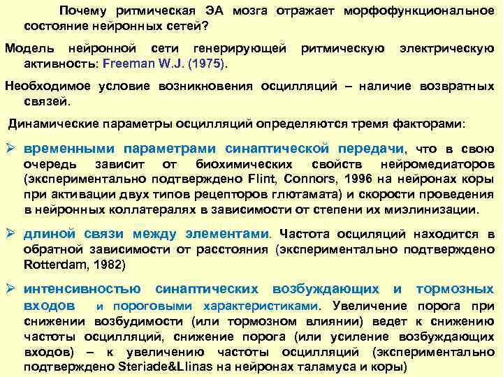  Почему ритмическая ЭА мозга отражает морфофункциональное состояние нейронных сетей? Модель нейронной сети генерирующей