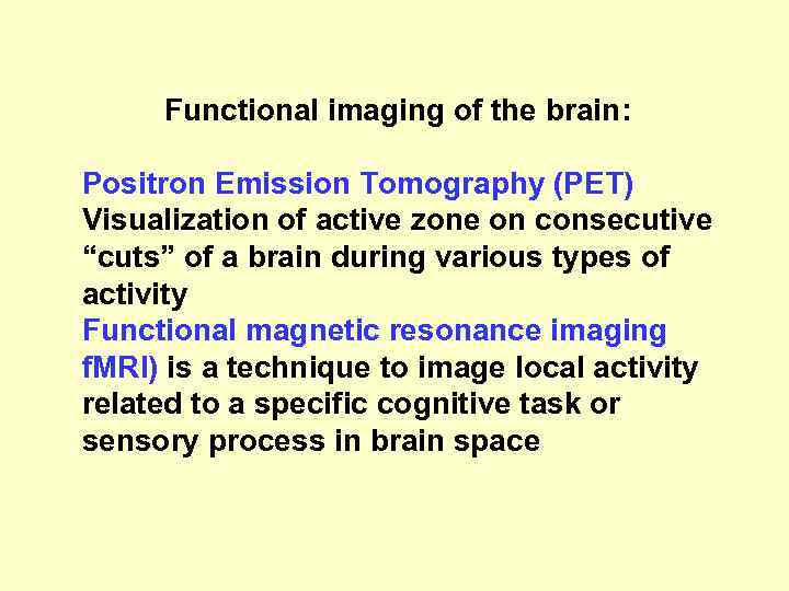 Functional imaging of the brain: Positron Emission Tomography (PET) Visualization of active zone on