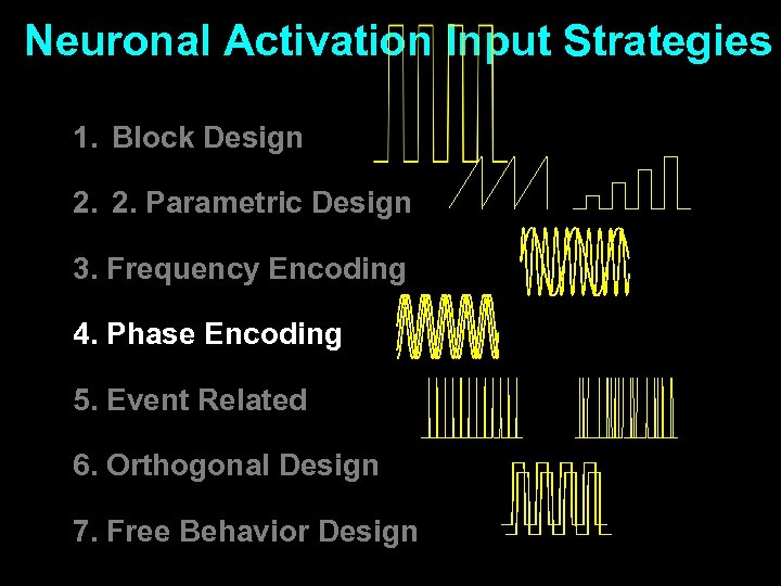 Neuronal Activation Input Strategies 1. Block Design 2. 2. Parametric Design 3. Frequency Encoding