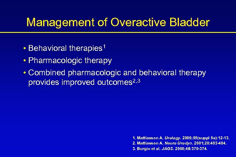 Management of Overactive Bladder • Behavioral therapies 1 • Pharmacologic therapy • Combined pharmacologic