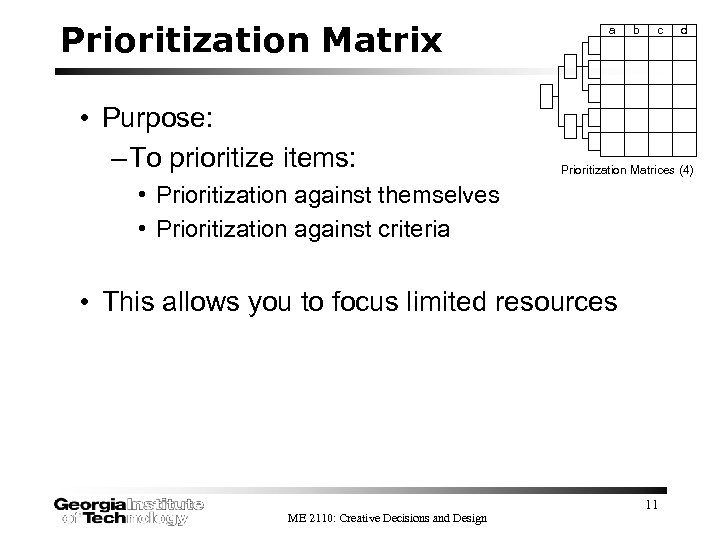 Prioritization Matrix • Purpose: – To prioritize items: a b c Prioritization Matrices (4)