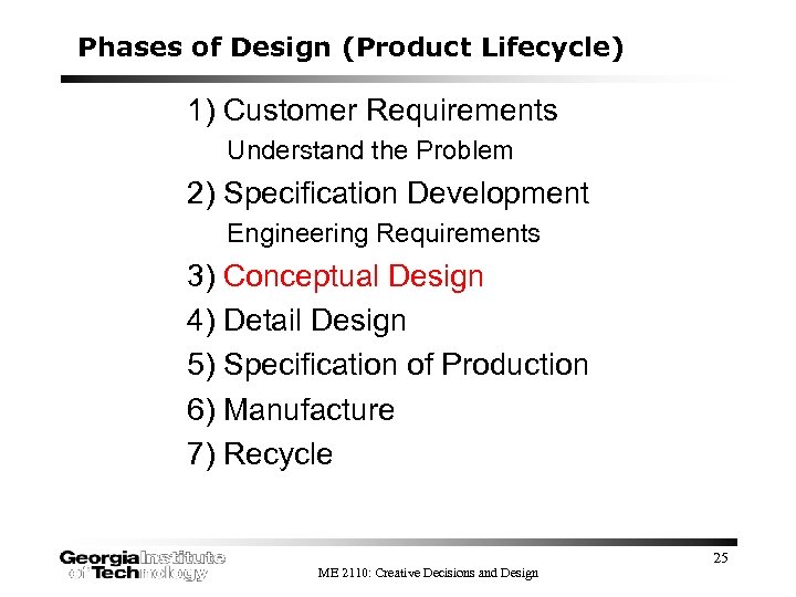 Phases of Design (Product Lifecycle) 1) Customer Requirements Understand the Problem 2) Specification Development