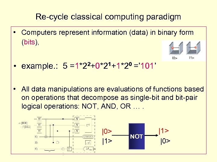 Re-cycle classical computing paradigm • Computers represent information (data) in binary form (bits), •