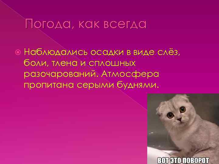 Погода, как всегда Наблюдались осадки в виде слёз, боли, тлена и сплошных разочарований. Атмосфера