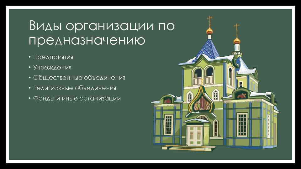 Виды организации по предназначению • Предприятия • Учреждения • Общественные объединения • Религиозные объединения