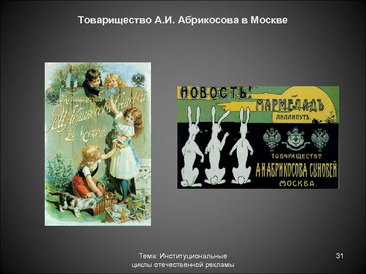 Товарищество А. И. Абрикосова в Москве Тема: Институциональные циклы отечественной рекламы 31 
