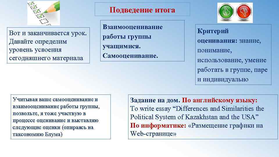 Подведение итога Вот и заканчивается урок. Давайте определим уровень усвоения сегодняшнего материала Учитывая ваше