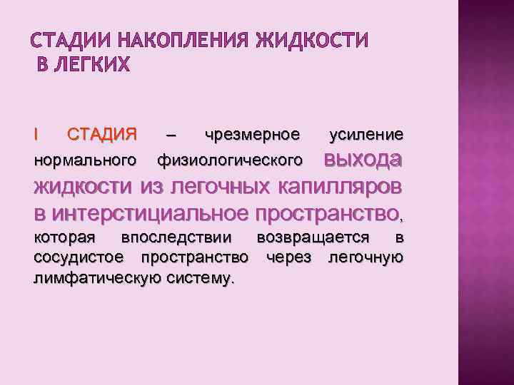 СТАДИИ НАКОПЛЕНИЯ ЖИДКОСТИ В ЛЕГКИХ I СТАДИЯ нормального – чрезмерное физиологического усиление выхода жидкости