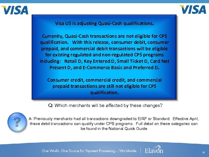 Visa US is adjusting Quasi-Cash qualifications. Currently, Quasi-Cash transactions are not eligible for CPS