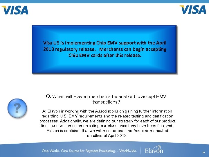 Visa US is implementing Chip EMV support with the April 2013 regulatory release. Merchants