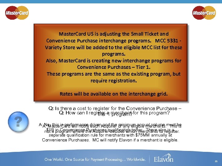 Master. Card US is adjusting the Small Ticket and Convenience Purchase interchange programs. MCC