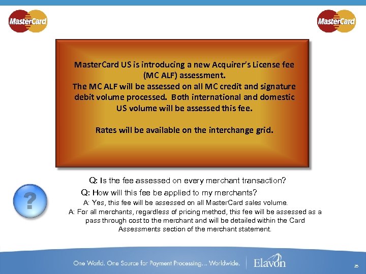Master. Card US is introducing a new Acquirer’s License fee (MC ALF) assessment. The
