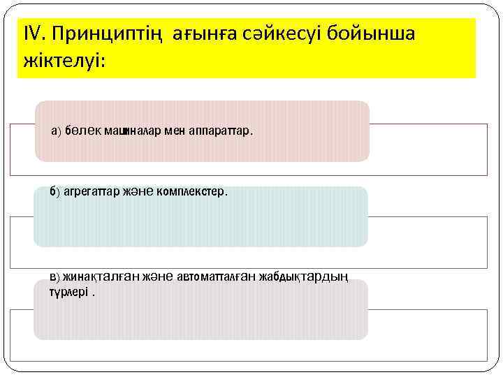 ІV. Принциптің ағынға сәйкесуі бойынша жіктелуі: а) бөлек маш иналар мен аппараттар. б) агрегаттар