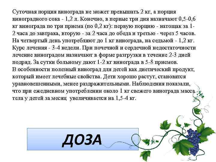 Суточная порция винограда не может превышать 2 кг, а порция виноградного сока - 1,